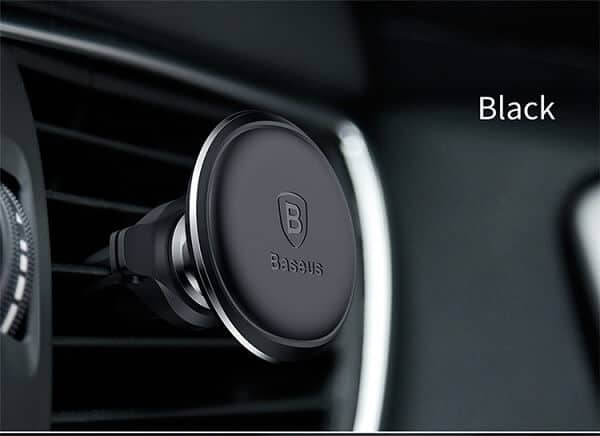 The Baseus Magnetic 360° Rotation Car Phone Holder with Air Vent Mount and Cable Clip by BASEUS is designed to secure your mobile device while driving. Attached to the car's air vent, it ensures optimal viewing angles for effortless navigation and hands-free calls on the go.