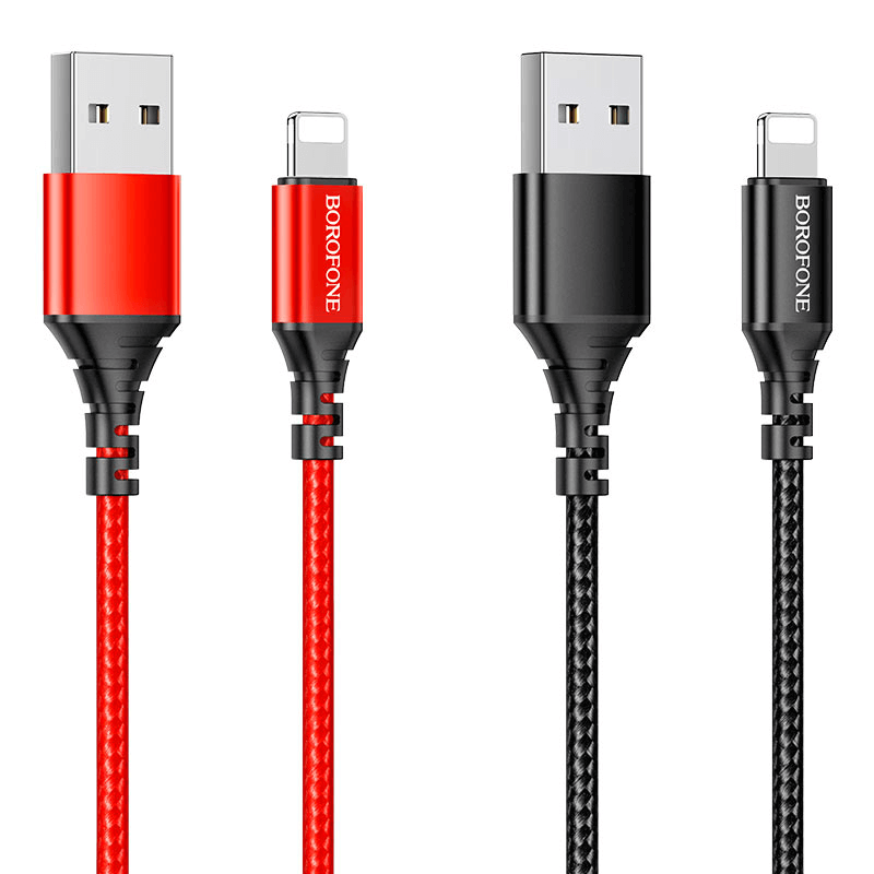 Two Borofone BX54 1M Fast Charging Lightning Data Sync Cables, one red and one black, both branded with "BOROFONE" on the connectors, offering high-quality accessory for mobile and laptop repair.