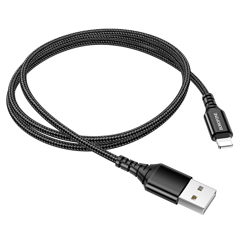 The BOROFONE BX54 1M Fast Charging Lightning Data Sync Cable is a high-quality black braided accessory featuring a standard USB connector on one end and a Lightning connector on the other, ideal for mobile and laptop repair.