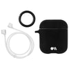 Black CASE-MATE Flexible Case for Air Pods with a usb cable and an additional ear tips accessory on a white background, wireless charging compatible.