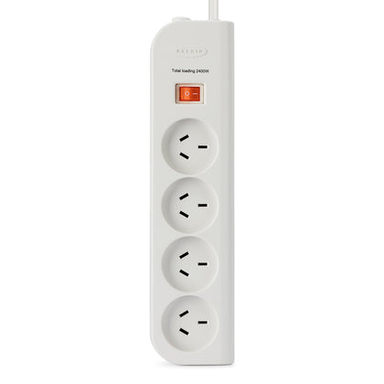A Belkin surge protected power strip with four Australian electrical outlets and a red switch.