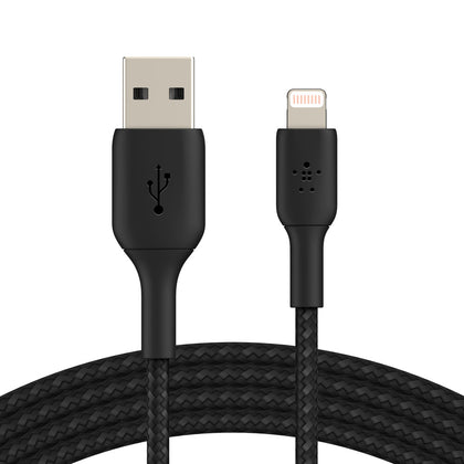 BELKIN BoostCharge Lightning to USB-A 2M Cable - For Apple Devices - Black for iOS devices charging on white background.