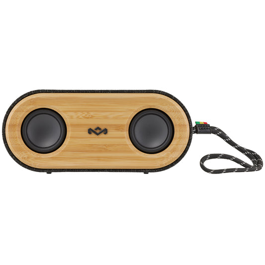 The MARLEY House of Marley Get Together Mini 2 is a compact rectangular Bluetooth 5.0 speaker with a bamboo front panel, two round black speakers, and a right-side braided strap—ideal for music on the go.