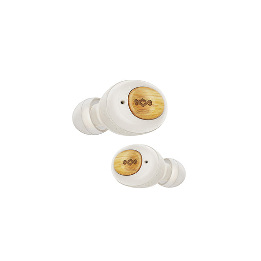 The MARLEY House of Marley Champion TWS Earbuds, white with light wooden accents and a subtle logo on each earbud, deliver reliable Bluetooth performance. Shown against a plain white background.