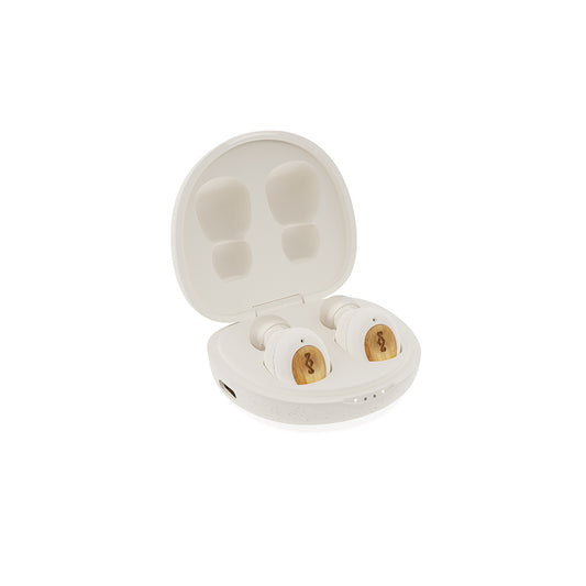 The MARLEY House of Marley Champion - TWS Earbuds are white true wireless earbuds with wooden accents, stored in a matching charging case, and deliver excellent Bluetooth performance.