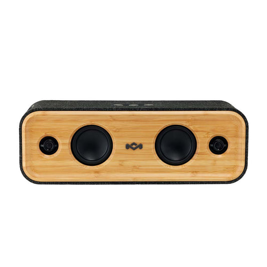 The MARLEY House of Marley Get Together 2 Bluetooth speaker features a bamboo front, two large black drivers, two tweeters, and a central logo—delivering powerful sound in a stylish and portable design.