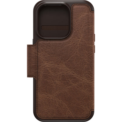 Brown leather OtterBox Strada Series smartphone case with card slot.