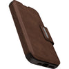 Brown leather OtterBox Strada Case smartphone case with visible stitching and brand label on the side, part of the Strada Series.