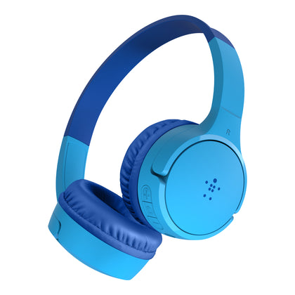 BELKIN SoundForm Mini Wireless on-Ear Headphones for Kids in Blue against a white background.
