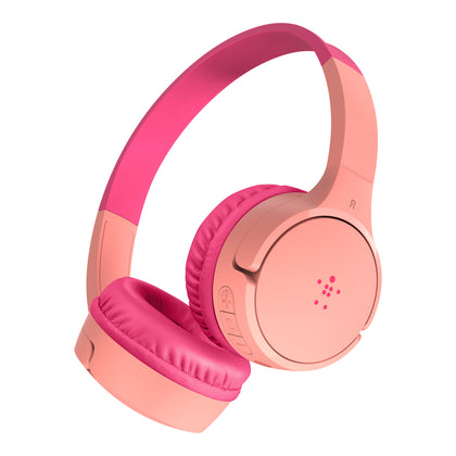 Kids wireless over-ear headphones with volume limitation, BELKIN SoundForm Mini Wireless - On-Ear Headphones for Kids - Pink, isolated on a white background.