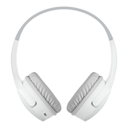 BELKIN White SoundForm Mini Wireless On-Ear Headphones for Kids against a white background, perfect for kids' distance learning.