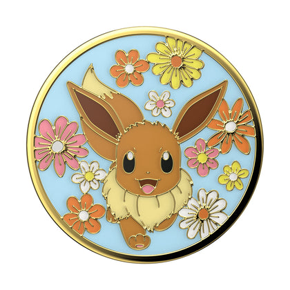 Illustration of eevee surrounded by flowers on a decorative POPSOCKETS PopGrip Licensed - Floral Eevee with swappable PopTops.