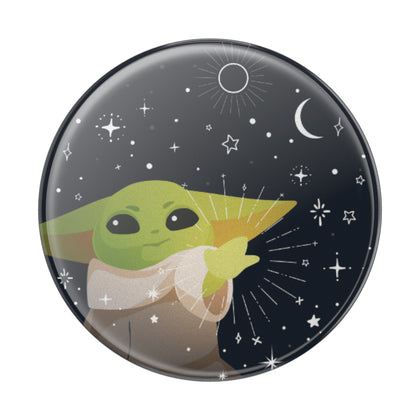 Button pin with an illustration of baby yoda against a cosmic background with stars and celestial bodies, designed to perfectly complement POPSOCKETS PopGrip Licensed - Star Wars Mandalorian Grogu Force.