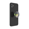 Black smartphone with a POPSOCKETS PopGrip Licensed - Star Wars Mandalorian Grogu Force featuring a swappable PopTop showcasing a cartoon alien design, compatible with wireless charging.