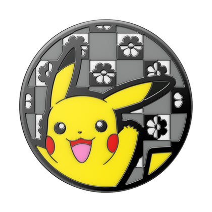 A vibrant enamel pin featuring Pikachu, a character from the Pokémon series, designed with a POPSOCKETS PopGrip Licensed - Hey Pikachu motif.
