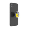 Black smartphone with a POPSOCKETS PopGrip Licensed - Hey Pikachu featuring a Pikachu design on the back, compatible with wireless charging.