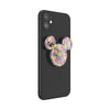 A smartphone with a clear POPSOCKETS PopGrip Licensed (Gen2) - Disney Translucent Mickey Mouse Cascading Flowers attached to its black case, featuring swappable PopTops for easy customization.