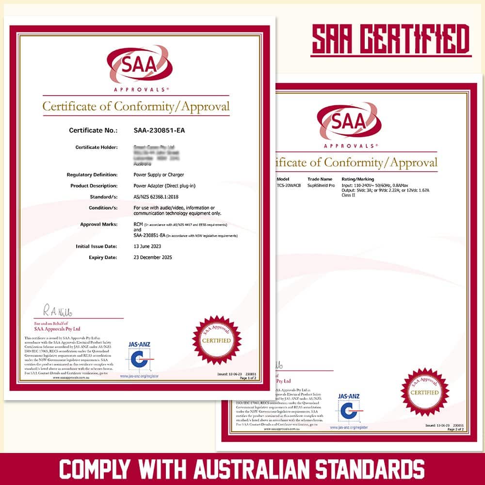 Two SAA Certificates of Conformity with red borders, showing the SupRShield 20W Dual PD & USB-C Fast Wall Charger Adapter is SAA certified. Certification details and brand name are clearly visible for this fast wall charger.