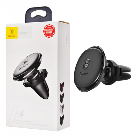 Image of a Baseus Magnetic 360° Rotation Car Phone Holder with Air Vent Mount and Cable Clip - Store shown next to its packaging. The black holder clips into the car's air vent, allowing for 360° rotation, with the BASEUS logo visible on both the holder and the box.