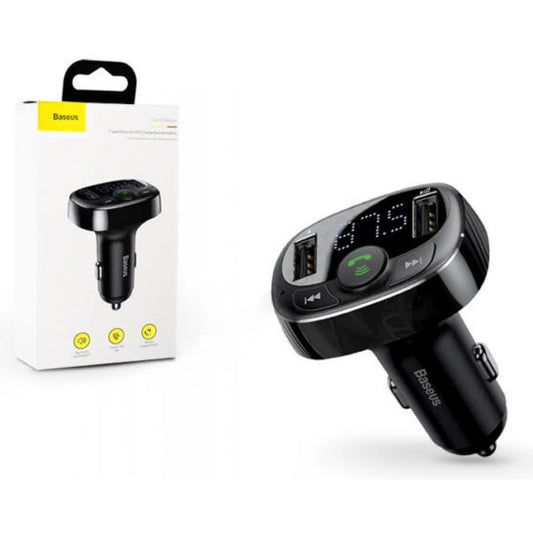 The Baseus Wireless Bluetooth FM Transmitter & MP3 Music Player with Dual USB Car Charger, from the brand BASEUS, is shown alongside its packaging.