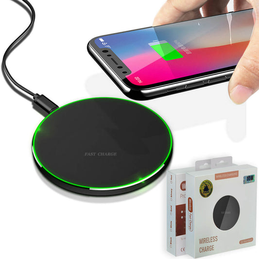 The Generic 10W Qi Wireless Fast Charging Pad for Smartphones (Black) efficiently charges a smartphone with its glowing green rim. The phone screen indicates it is charging, while the product box, stating its compatibility with iPhone, Samsung Galaxy, and Google Pixel devices, is displayed beside the charger.