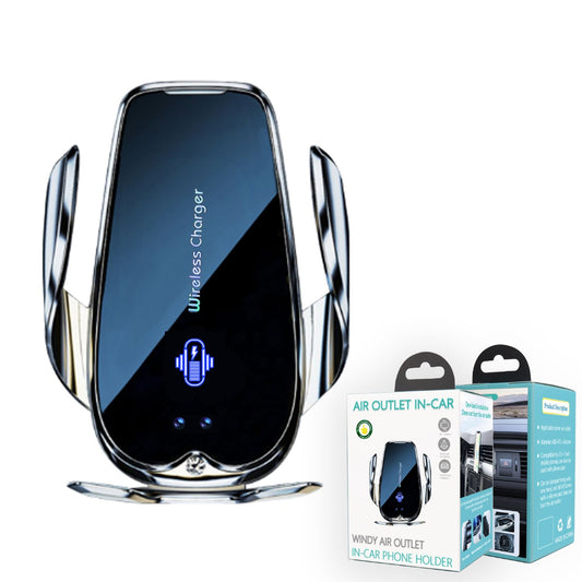 The Generic Fast Charging Wireless Car Phone 15W Charger Holder with Smart Sensor for Air Vent (Black) is shown beside its packaging, labeled "Air Outlet In-Car Holder.