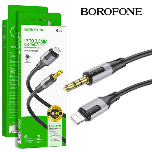 Packaging and product image of the BOROFONE BL19 1M Lightning to 3.5mm Audio Aux Cable for iPhone, iPad, iPod (Black), showcasing both ends of the cable and emphasizing its Hi-Fi audio capability for seamless audio transmission.