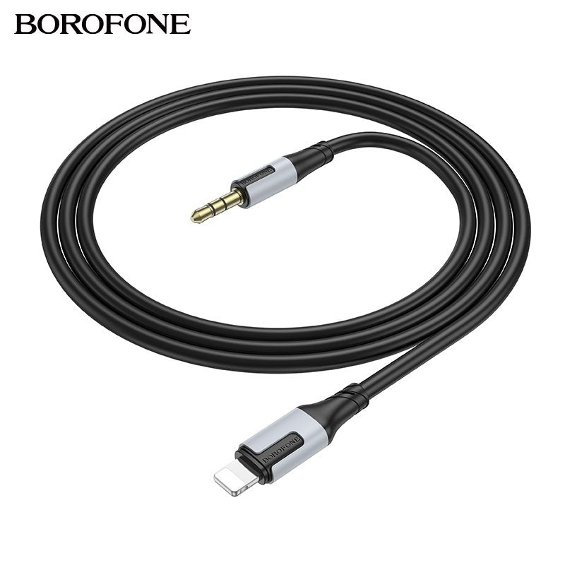 A black BOROFONE BL19 1M Lightning to 3.5mm audio aux cable for iPhone, iPad, and iPod with a 3.5mm jack on one end and a Lightning connector on the other, ensuring seamless audio transmission.