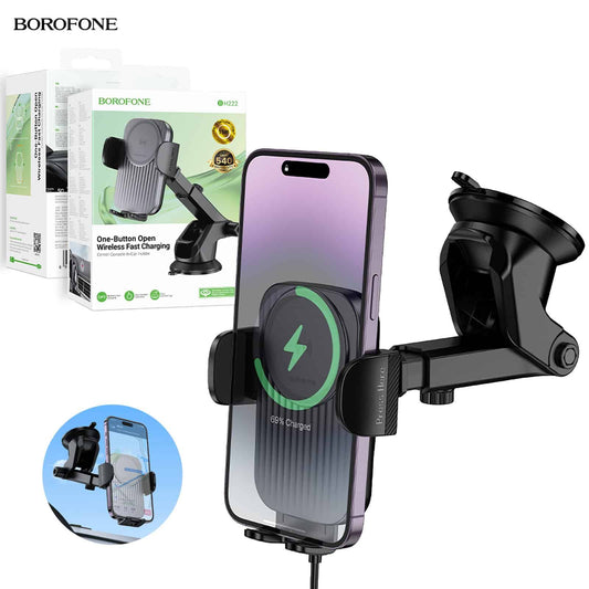 The Borofone BH222 Leading Qi Wireless Fast Charging Car Mount is shown attached to a windshield, securely holding a smartphone, with its packaging in the background.