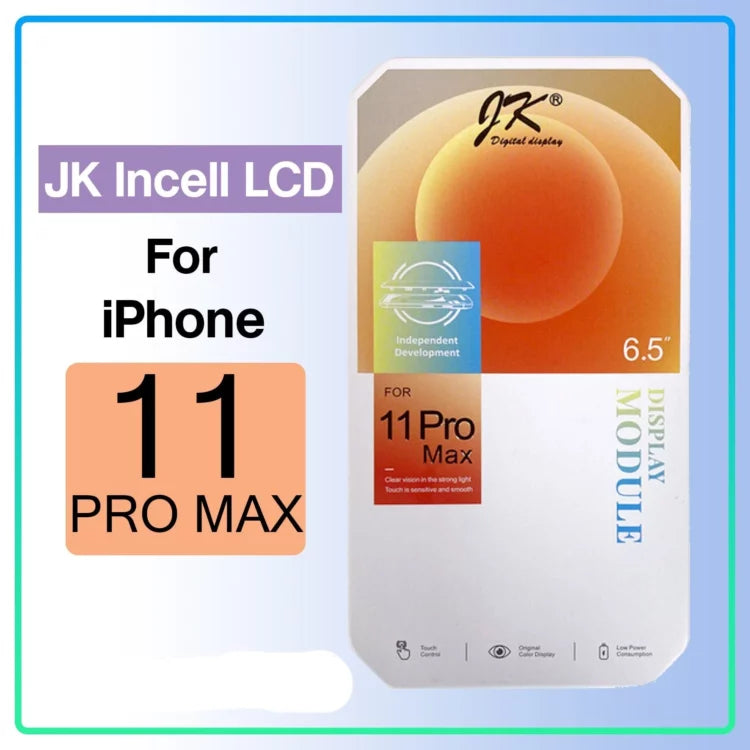 Packaging for a high-quality Cirrus-link JK Incell iPhone 11 Pro Max LCD Screen Replacement, featuring a 6.5-inch durable screen replacement. The packaging highlights independent development and clear visuals.