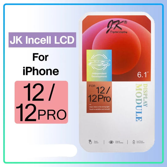 Product packaging for a Cirrus-link JK Incell iPhone 12/12 Pro LCD Screen Replacement, featuring a 6.1-inch display and independent development branding. Perfect for seamless iPhone 12 screen replacement or iPhone 12 Pro screen replacement needs.