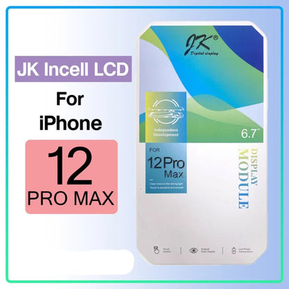 Packaging for Cirrus-link JK Incell iPhone 12 Pro Max LCD Screen Replacement, 6.7-inch screen, highlighting its quality In-cell technology and independent development, features various graphics and text about display performance.