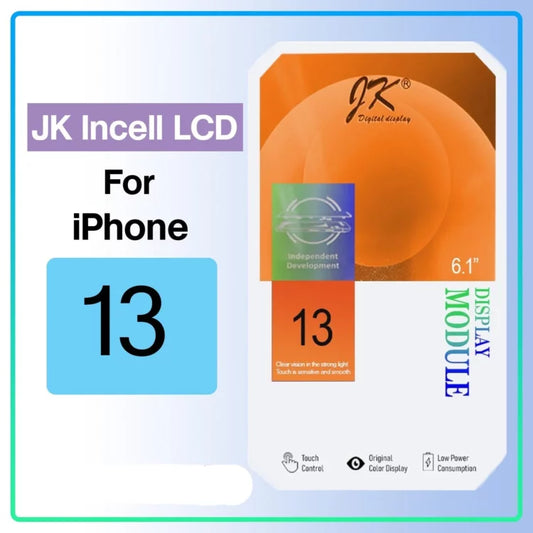 Packaging of a Cirrus-link JK Incell iPhone 13 LCD Screen Replacement, featuring a 6.1-inch screen size, In-Cell technology, and various specifications highlighted at the bottom.