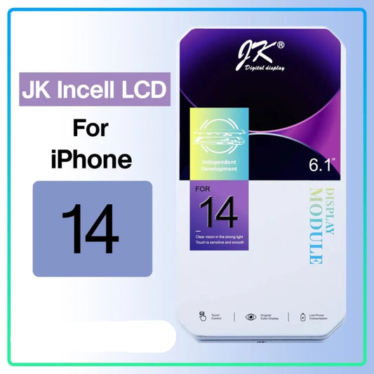 The Cirrus-link Screen Replacement - JK Incell iPhone 14 LCD Screen is packaged for iPhone 14 repair, clearly indicating its 6.1-inch size and advanced Incell technology.