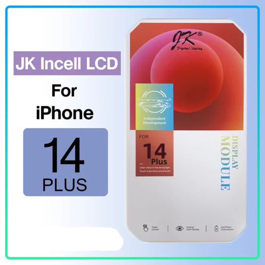 Box labeled "Screen Replacement - JK Incell iPhone 14 Plus LCD Screen" by Cirrus-link with vibrant graphics and icons, set on a light blue gradient background—ideal for replacing your iPhone 14 Plus screen.