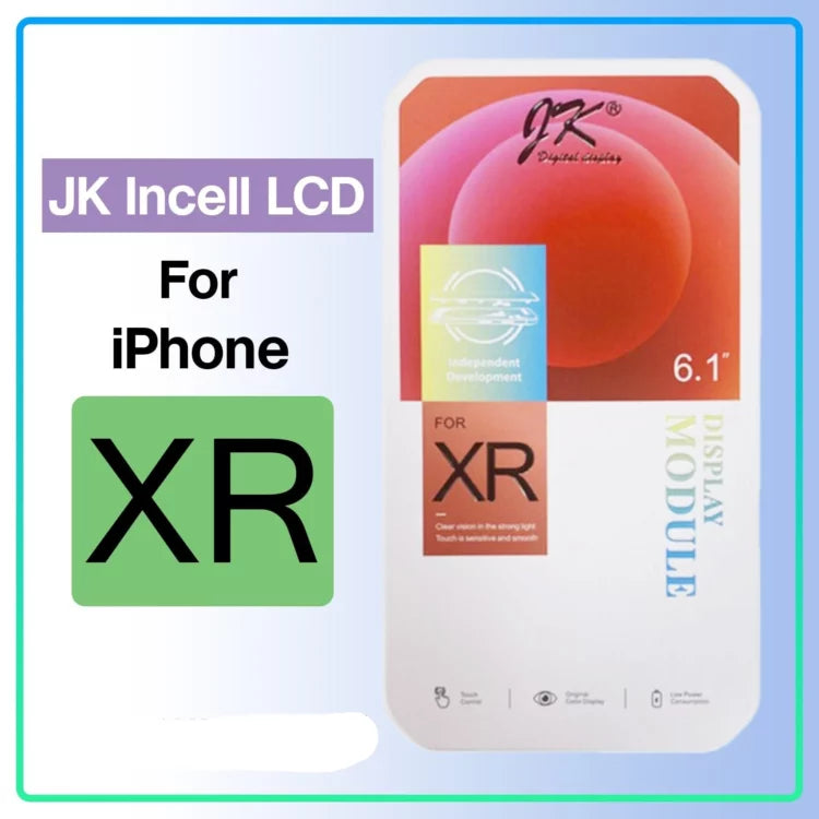 Packaging for a high-quality JK Incell IPhone XR LCD Screen Replacement from Cirrus-link, featuring the text "6.1" and "For iPhone XR" along with a green and black "XR" logo.