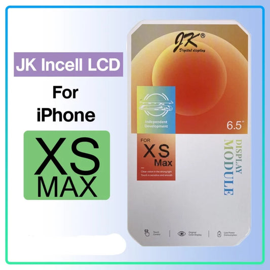 Packaging for Cirrus-link JK Incell IPhone Xs Max LCD Screen Replacement. The box highlights it as a high-quality 6.5-inch Incell LCD screen with "Independent Development" and shows an orange and yellow circle design, perfect for your iPhone XS Max screen replacement needs.