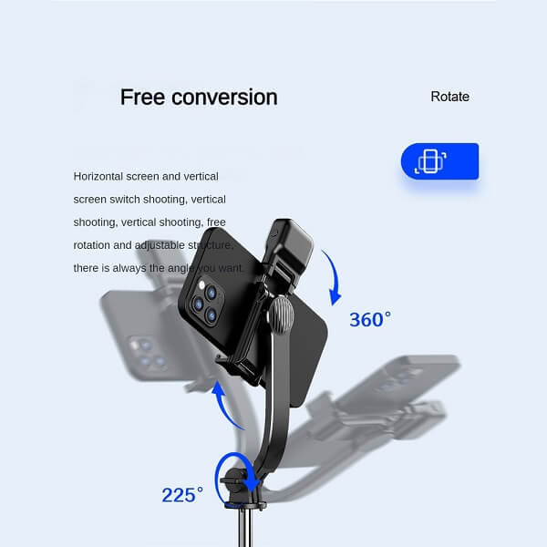 The Generic C01S Selfie Stick Tripod with Detachable Phone Bracket and Wireless Bluetooth Remote (with Light) showcases adjustable angles, boasting 360° rotation and 225° tilt capabilities for horizontal and vertical shooting, featuring a detachable phone bracket that emphasizes free conversion and an adjustable structure.