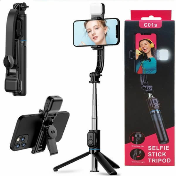 The C01S Selfie Stick Tripod with Detachable Phone Bracket and Wireless Bluetooth Remote (with Light) by Generic is shown on its packaging being used by two smiling people for selfies. The packaging includes images of the device both folded and unfolded, highlighting its ease of use.