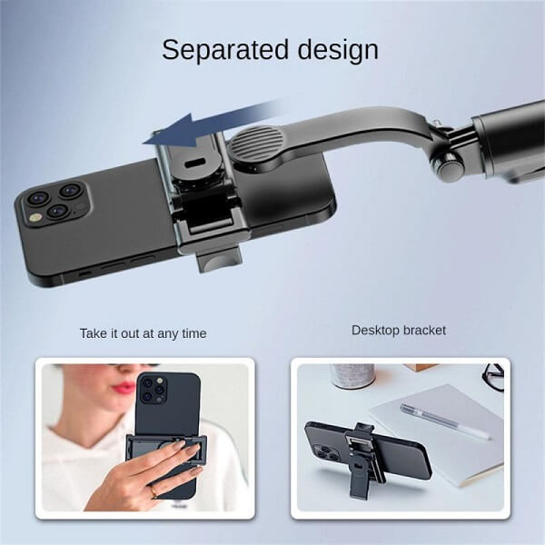 The C01S Selfie Stick Tripod with Detachable Phone Bracket and Wireless Bluetooth Remote (with Light) by Generic is shown mounted on an adjustable stand. The caption emphasizes its versatile design, making it ideal for both handheld use and as a desktop setup. Two smaller images depict these different applications, making it perfect for anyone seeking a selfie stick tripod.