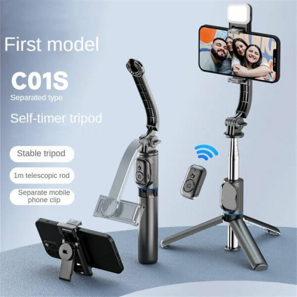 Introducing the C01S Selfie Stick Tripod from Generic, featuring a telescopic rod, detachable phone bracket, mobile phone clip, and wireless Bluetooth remote with light. This versatile gadget can be used as a stable tripod or handheld selfie stick for capturing selfies and group photos on your phone.