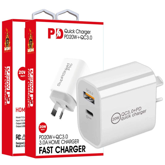 Image of two packages and a charger for the 20W SupRShield Dual PD & USB Type-C Fast Charging Wall Plug Charger Adapter. The charger, branded Generic, is white with two ports: one USB-C and one USB-A, featuring 20W SupRShield fast charging capability.