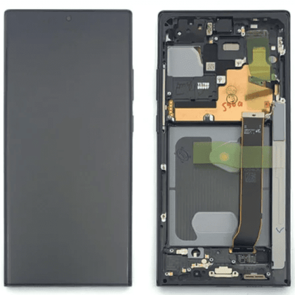 Front and back view of a partially disassembled smartphone, showing internal components like the motherboard and battery compartment alongside the intact front case, perfect for those considering Cirrus-link Screen Samsung Note 20 Ultra Service Pack White repair or replacement.