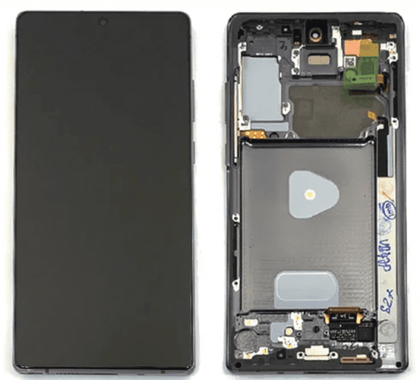 A smartphone with its front screen on the left and its back cover removed on the right, revealing internal components, is displayed during a Cirrus-link Screen Samsung Note 20 N980 / N981 Service Pack – Black replacement.