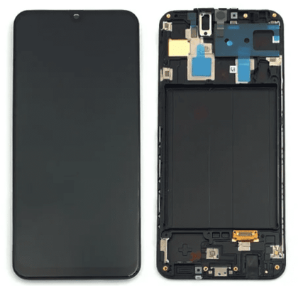 Two halves of a smartphone: the front display on the left, and the back half with internal components exposed on the right, showcasing a Screen Samsung A30 Service Pack – Black from Cirrus-link.