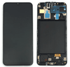 A two-panel image shows the front and back views of a disassembled Screen Samsung A30 Service Pack – Black, placed side by side. The front panel is intact, while the back panel reveals internal components, highlighting a replacement screen from Cirrus-link.