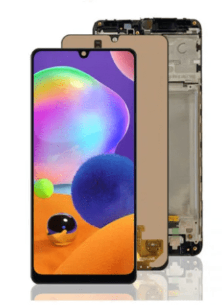 A Cirrus-link Screen Samsung A31 A315 Service Pack – Black and its digitizer, separated from the body of the phone, showing internal components behind the screen. This replacement screen comes in a service pack for easy installation.