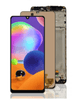 A Cirrus-link Screen Samsung A31 A315 Service Pack – Black and its digitizer, separated from the body of the phone, showing internal components behind the screen. This replacement screen comes in a service pack for easy installation.