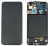 Two smartphone components side by side: the left one is a complete Cirrus-link Screen Samsung A50 Service Pack – Black replacement, and the right one is the internal hardware of a smartphone without its screen.