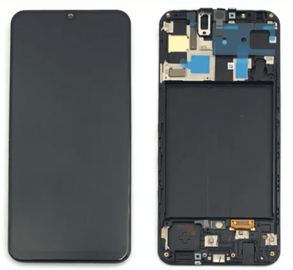 Two smartphone components: the left side shows a black screen, while the right side displays the internal hardware and circuit board without the screen. This Cirrus-link Screen Samsung A50 Service Pack – Black offers a high-quality display to ensure your device looks as good as new.